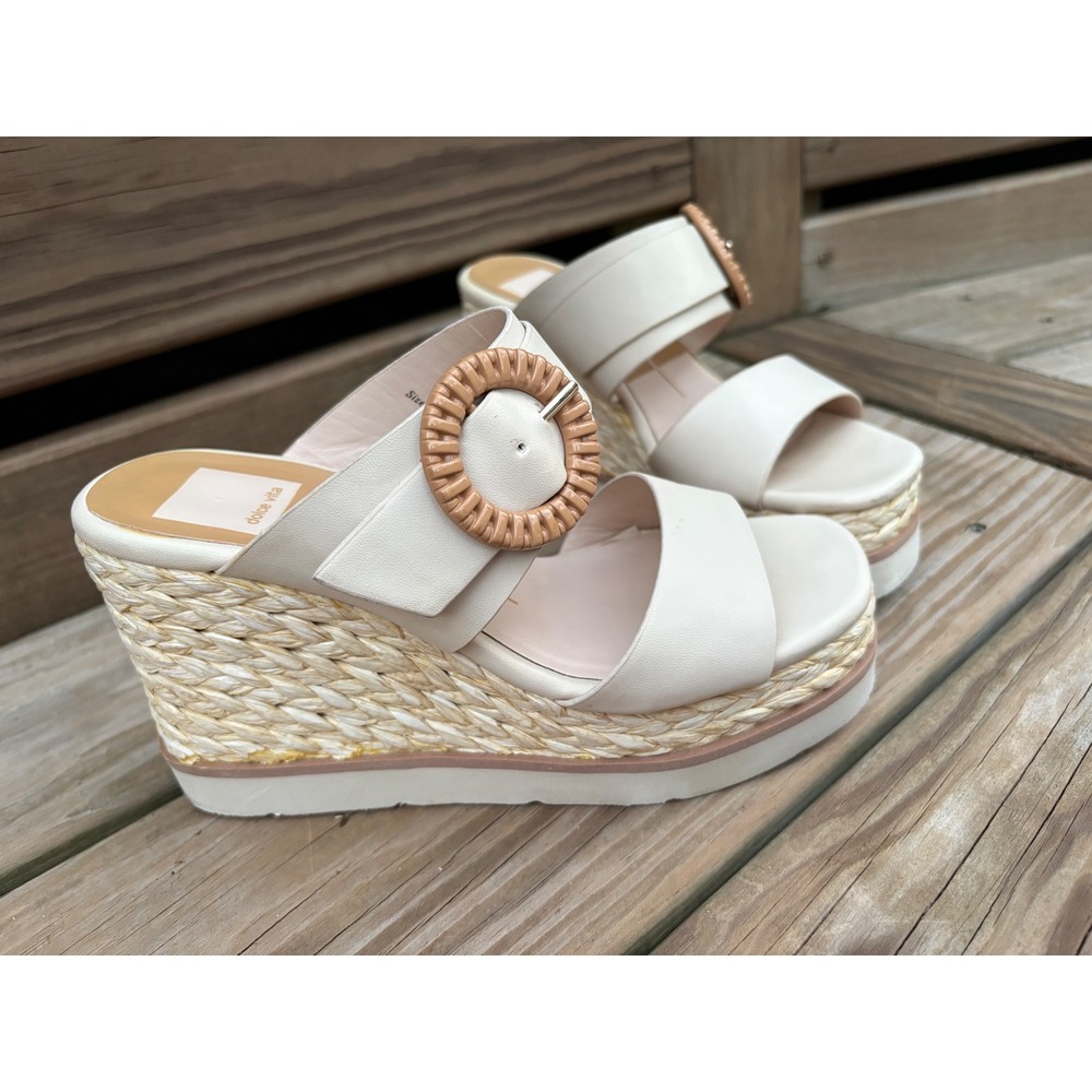 Dolce Vita Cream Raffia Platform Wedge Sandals Woven Buckle Slides Boho Festival